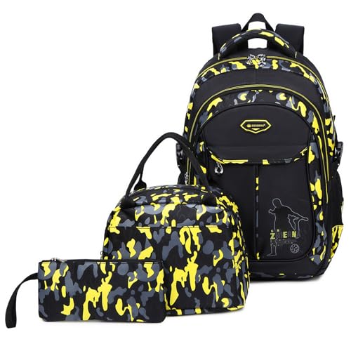 ZHIERNA Schulrucksack Jungen Teenager Rucksack Kinder Schultaschen Kinderrucksack Camouflage Rucksäcke Jugendliche Teens Schule Daypacks Schultertaschen Set Mit Lunchpaket und Federmappe von ZHIERNA