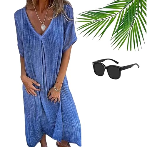 ZHKVAG Frontaley Cotton and Linen V-Neck Midi Dress,Frontaley Dress,Linen Midi Dresses for Women,Solid Casual Dress (Blue,L) von ZHKVAG