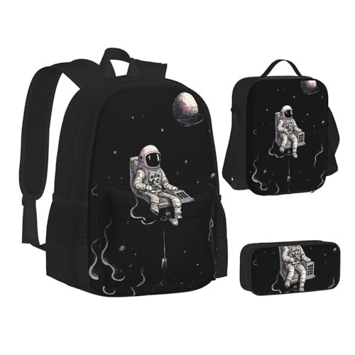 ZHONGSK Astronaut Galaxy – Schultasche + Federmäppchen + Lunchtasche Kombination, 3-in-1-Rucksack-Set, wasserabweisend, langlebig, Büchertasche für Studenten, Kinder, Teenager, Mädchen und Jungen, von ZHONGSK