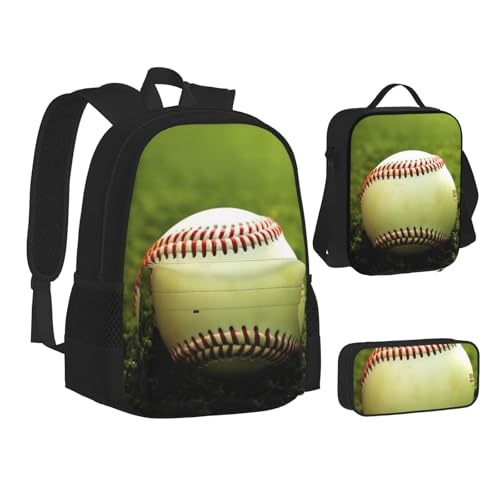 ZHONGSK Baseball-Softball – Schultasche + Federmäppchen + Lunchtasche Kombination, 3-in-1-Rucksack-Set, wasserabweisend, langlebig, Büchertasche für Studenten, Kinder, Teenager, Mädchen und Jungen, von ZHONGSK