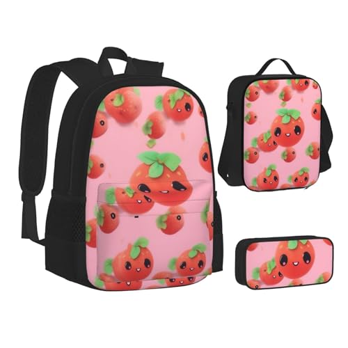 ZHONGSK Süße Erdbeere – Schultasche + Federmäppchen + Lunchtasche Kombination, 3-in-1-Rucksack-Set, wasserabweisend, langlebig, Büchertasche für Studenten, Kinder, Teenager, Mädchen und Jungen, von ZHONGSK