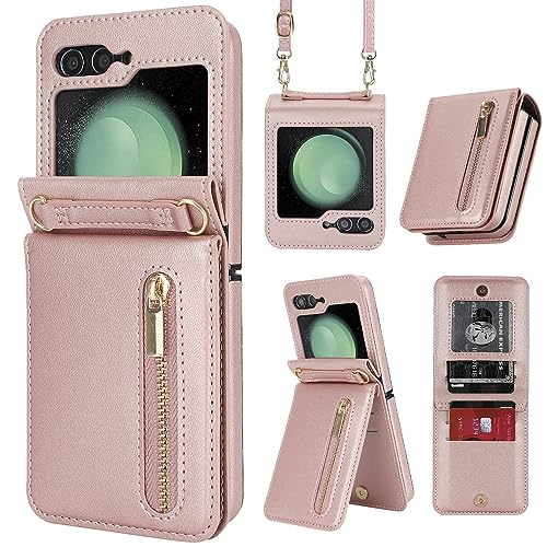 ZHOZEXIN Kompatibel mit Samsung Galaxy Z Flip 5 Stand Stylische Flip Schutztasche aus Leder, Brieftasche mit Reißverschluss, Kartenfach, Geldfach, Handytasche mit Kordel für Galaxy Z Flip 5 (Roségold) von ZHOZEXIN