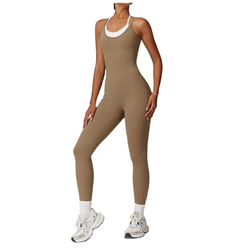 ZHSHOUYI Gefälschte Zweiteilige Lycra Rückenfreie Gym Frauen Yoga Fitness Overalls EIN Stück Sexy Körper Kombi-Hosen Mono Streetwear Overall,Braun,XL von ZHSHOUYI