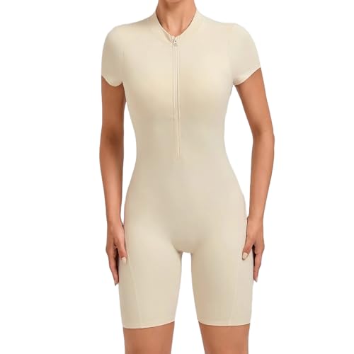 ZHSHOUYI Nahtlose Yoga-Overalls Sport Fitness Hüftheben Kurzärmelig Rückenfrei Einteilige Workout-Gym-Leggings Tracksutis Für Damen,Beige,L von ZHSHOUYI