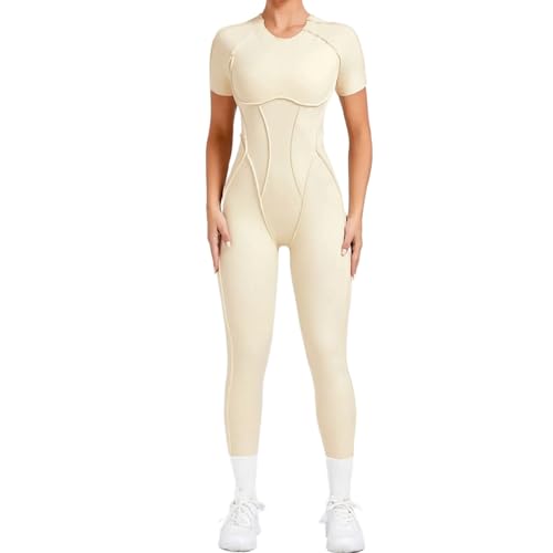 ZHSHOUYI Nahtlose Yoga-Overalls Sport Fitness Hüftheben Rückenfrei Kurzärmelig Einteilige Workout-Gym-Leggings Trainingsanzüge,Beige,M von ZHSHOUYI