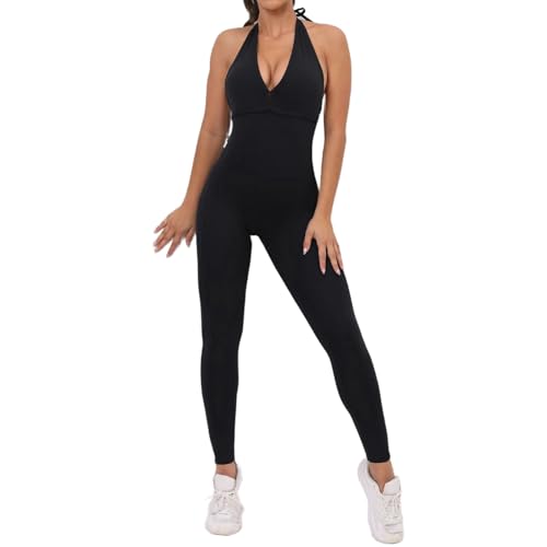 ZHSHOUYI Sexy Rückenfreier Sportlicher Scrunch-Overall Der Den Hintern Hebt Einteilige Damenbekleidung Ärmellos Für Fitnessstudio Fitness Yoga Tanzen,Schwarz,L von ZHSHOUYI