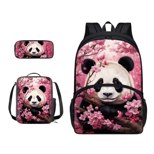 ZIATUBLES 3-in-1-Rucksack-Set, Schüler-Schultasche mit Seitentasche, Reiserucksäcke, Lunch-Tasche, Federmäppchen, Rucksack, Tagesrucksack, Kirschblumen-Panda, Schulranzen-Set von ZIATUBLES