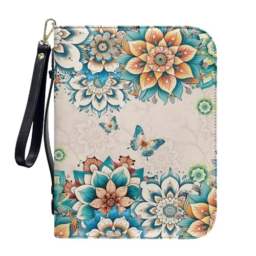 ZIATUBLES Bibelhülle aus PU-Leder, für Gebet, christliche Tasche mit Gurt und Reißverschlusstaschen, Buch-Organizer, L-2XL, Böhmische Blume, Schmetterling, XL von ZIATUBLES