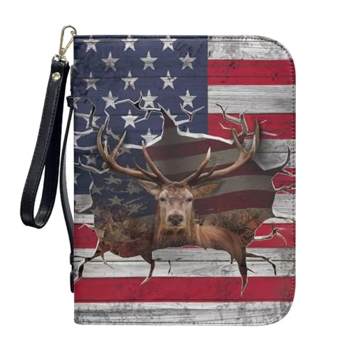 ZIATUBLES Bibelhülle aus PU-Leder mit Riemen, Kirche, Bibeltasche, Buch-Organizer, Halter für Gebet, L-2XL, Grugne 3D Elch Hirsch Amerikanische Flagge, L von ZIATUBLES