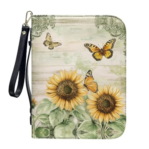 ZIATUBLES Kunstleder-Bibelhülle mit Riemen, Kirchen-Bibeltasche für Damen, christliche Tasche, Schriftschutz, L-2XL, Retro-Sonnenblumen-Schmetterling, XXL von ZIATUBLES