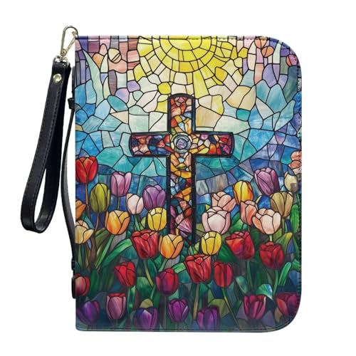 ZIATUBLES Kunstleder-Bibelhüllen mit Riemen, Tragebuchhülle, Bibelhalter, Kirche, Bibeltasche für Gebetsstudium, L-2XL, Buntglas-Tulpenblumenkreuz, L von ZIATUBLES