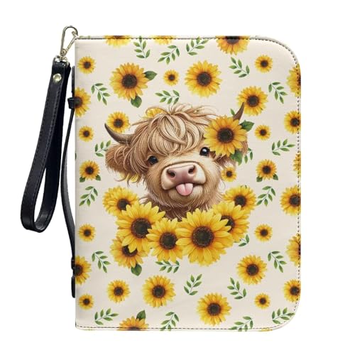 ZIATUBLES Kunstleder-Bibelhüllen mit Riemen, Tragebuchhülle, Bibelhalter, Kirche, Bibeltasche für Gebetsstudium, L-2XL, Sonnenblumen-Cartoon-Hochlandkuh, XXL von ZIATUBLES