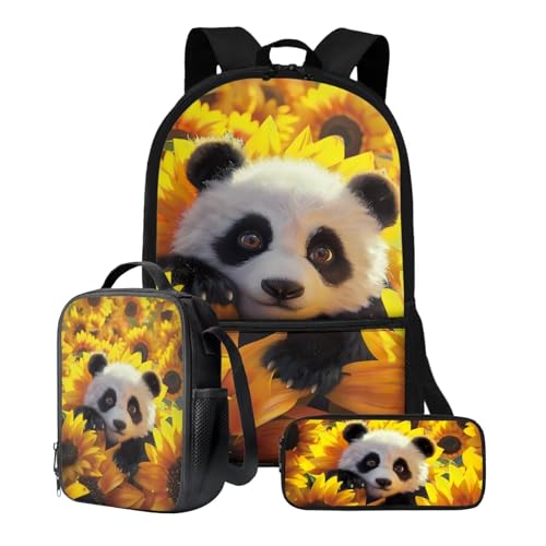 ZIATUBLES Rucksack-Set, 43,2 cm, Büchertasche für Grundschüler, Büchertasche mit Lunchtasche, Stifteetui, 3-teiliges Set, Retro-Panda-Sonnenblume, Einheitsgröße, Schulranzen-Set von ZIATUBLES
