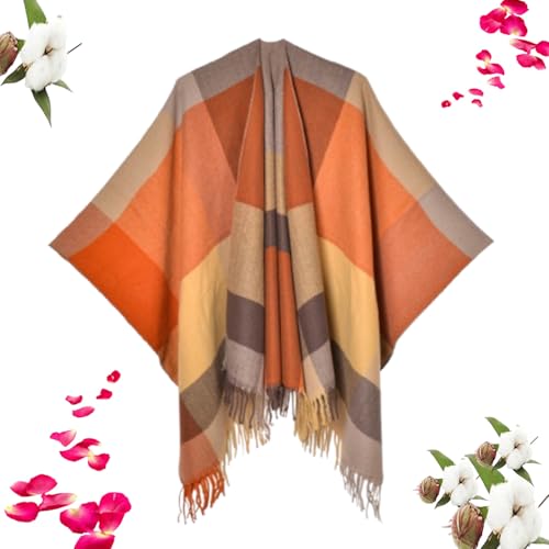 ZIHAOFC Damen-Schal, Wickelponcho, Pullover, Quaste, geteilter Schal, Schlichter Karierter Jacquard-Schal, Damen-Poncho, Karierter Schal (E,130 * 150cm) von ZIHAOFC