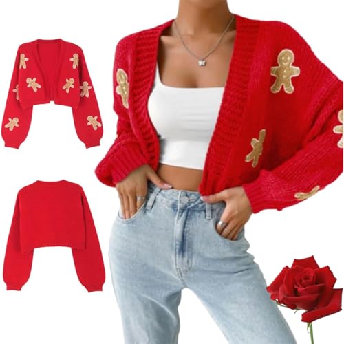 ZIHAOFC Langärmliger, weihnachtlicher, kurzer Lebkuchen-Cardigan für Damen, Lebkuchen-Cardigan für Damen (Red,M) von ZIHAOFC