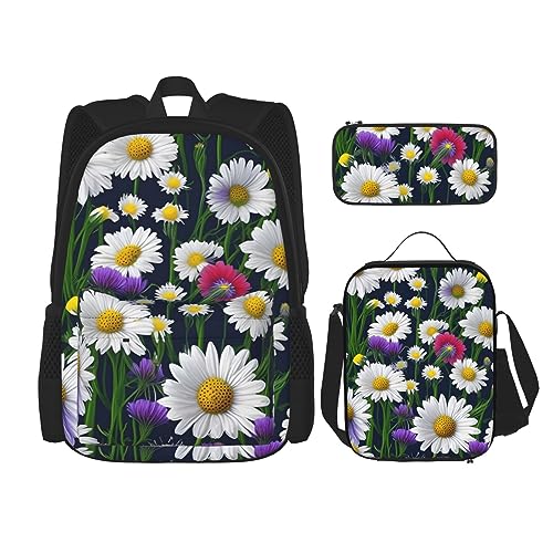 ZISHAK Rucksack mit Wildblumen und Kornblumen, Gänseblümchen, leicht, bedruckt, Federmäppchen, isolierte Lunchtasche, Kombination, dreiteiliger Anzug, Tagesrucksack von ZISHAK