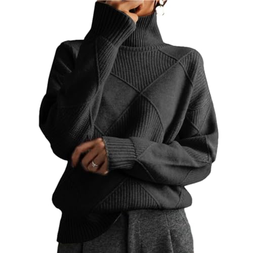 Damen-Langarmpullover – Übergroßer Rollkragenpullover, Lockerer Vintage-Stil, Rautenmuster, Vertikale Streifen, Hakenmuster, Hält Im Herbst Und Winter Warm, Schwarze Strickpullover, Oberteile, Wi Damen-Langarmpullover – Übergroßer Rollkragenpullover, Lockerer Vintage-Stil, Rautenmuster, Vertikale Streifen, Hakenmuster, Hält Im Herbst Und Winter Warm, Schwarze Strickpullover, Oberteile, Wi von ZISTRCBAO