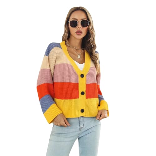 ZKYUCH Bunter Regenbogengestreifter Patchwork-Strickpullover Mit Lockerer Strickjacke Für Damen, Kurze Jacke, Strickpullover,Farbe2,S von ZKYUCH