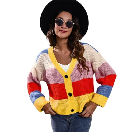 ZKYUCH Farbblockierende, Gestreifte Patchwork-Cardigan-Pullover Mit Lockerem Strick Für Damen, Kurze Jacke,Farbe2,M von ZKYUCH