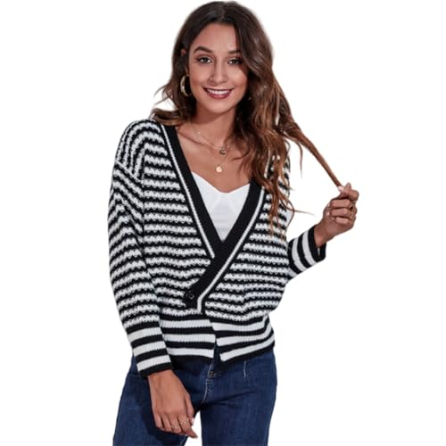 ZKYUCH Gestreifter, Langärmliger Strickjacke-Strickjackenpullover Mit V-Ausschnitt Und Lockerer Passform Für Damen,Farbe3,L von ZKYUCH