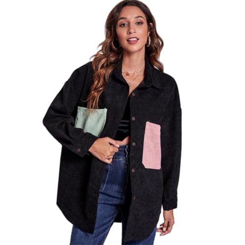 ZKYUCH Lockeres Mittellanges Cordhemd Mit Patchwork-Schulter Und Langärmeliger Jacke Für Damen,Farbe3,S von ZKYUCH