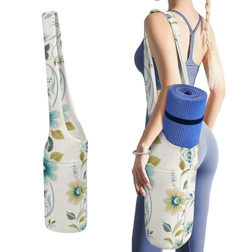 ZLFDSKGY Yogamatten-Tasche aus Segeltuch, blaue und grüne Blumen, bedruckte Yogamatte, Aufbewahrungstasche mit Gurt, große Kapazität, Turnbeutel für Männer und Frauen, Pilates, Strand, Reisen von ZLFDSKGY