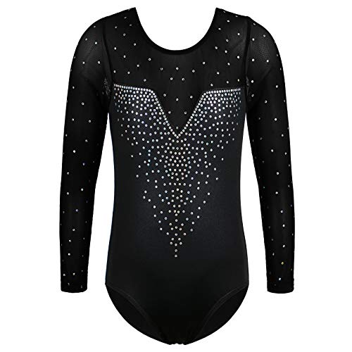 ZNYUNE Kinder Gymnastik Trikot mit Pailletten Mädchen Gymnastikanzug Langarm in Tüll 203 SequinBlack 14A von ZNYUNE