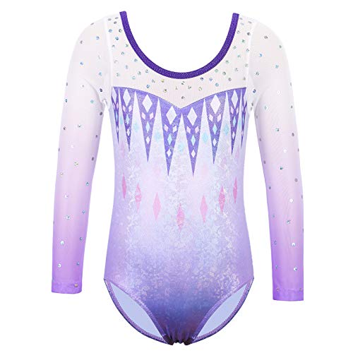 ZNYUNE Kinder Gymnastik Trikot mit Pailletten Mädchen Gymnastikanzug Langarm in Tüll 263 SquarePurple 12A von ZNYUNE