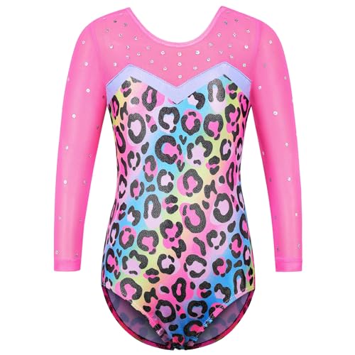 ZNYUNE Kinder Gymnastik Trikot mit Pailletten Mädchen Gymnastikanzug Langarm in Tüll B346 PinkLeopard 10A von ZNYUNE