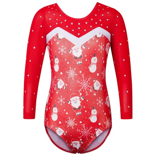 ZNYUNE Kinder Gymnastik Trikot mit Pailletten Mädchen Gymnastikanzug Langarm in Tüll B346 RedSnowman 12A von ZNYUNE