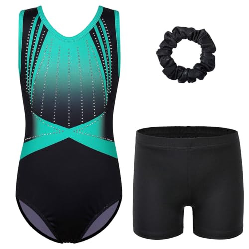 ZNYUNE Mädchen Turnanzug mit Hose Haarband Set Gymnastikanzug Kinder Shorts Trikot Turnen Ärmellos/Langarm Kleidung klassisch Turnbody B379 Blackgreen 6A von ZNYUNE