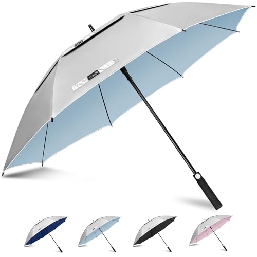 ZOMAKE 50 Inch Golf Regenschirm Sonnenschutz für UV,L Großer Winddicht Regenschirm Groß Upf 50 + Selbst öffnend Belüftet,Große Größe Golfschirm Sturmfest für Sonne und Regen(Silber Hellblau) von ZOMAKE