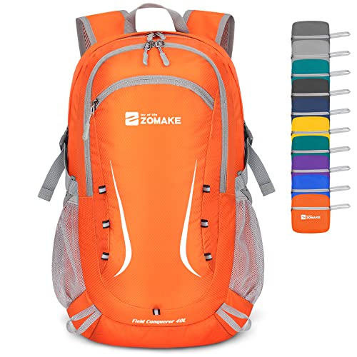 ZOMAKE Faltbarer Rucksack 40L,Groß Leichter Rucksäcke Wasserdicht Wanderrucksack Packable Backpack für Damen Herren Outdoor Wandern(Orange) von ZOMAKE