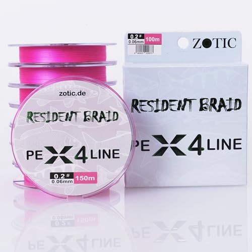 Zotic Resident Braid PE X4/X8-4-fach/8-fach geflochtene Angelschnur für Baitcaster u. Spinnrute, Profi Angelzubehör, Raubfisch, Angelsehne, 100m 150m 300m (X4 Pink, 150m - 0.06mm - 4.1kg) von ZOTIC