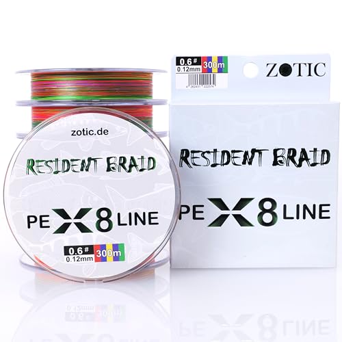 Zotic Resident Braid PE X4/X8-4-fach/8-fach geflochtene Angelschnur für Baitcaster u. Spinnrute, Profi Angelzubehör, Raubfisch, Angelsehne, 100m 150m 300m (X8 Multicolor, 150m - 0.12mm - 5.3kg) von ZOTIC