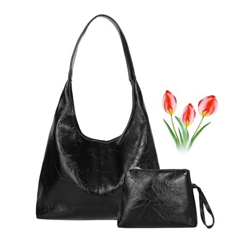 Damen Vintage Tragetasche, PU-Leder, Umhängetasche, vielseitige Hobo-Tasche und Clutch, 2-teiliges Schultertaschen-Set, Schwarz , Reisetasche von ZPLMIDE