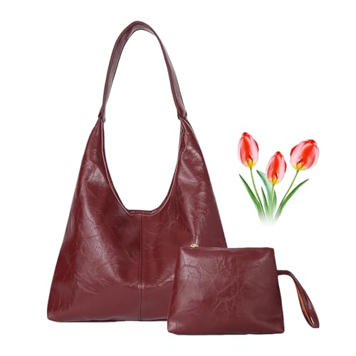 Damen Vintage Tragetasche, PU-Leder, Umhängetasche, vielseitige Hobo-Tasche und Clutch, 2-teiliges Schultertaschen-Set, rot, Reisetasche von ZPLMIDE