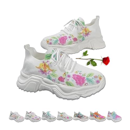 Orthopädische Damen-Sneaker mit Blumendruck, Schnürung, atmungsaktiv, orthopädische Sneaker, buntes Netzgewebe, rutschfest, dicke Sohle, Blumenmuster 1, 42 EU von ZPLMIDE