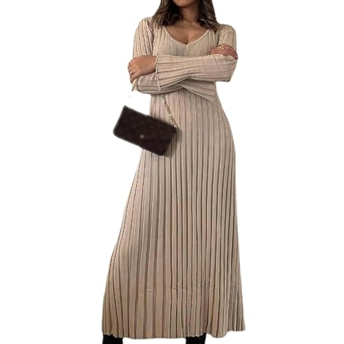 ZPLMIDE 2023 Fall New Sleeved Knit Midi Dress, Women's Ribbed Knit Maxi Dress V-Neck Slim-fit Sweater Dress Long White Bodycon (Apricot,M) von ZPLMIDE