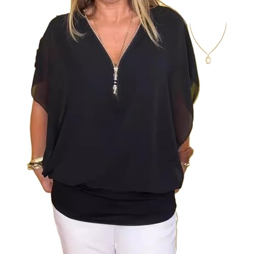 ZPLMIDE Chiffon-Oberteil mit halbem Reißverschluss, kurzärmelig, lässig, für Damen, Sommer, V-Ausschnitt, Reißverschluss, Chiffon, Tops, elegante Party-T-Shirts, Größe S, Schwarz von ZPLMIDE