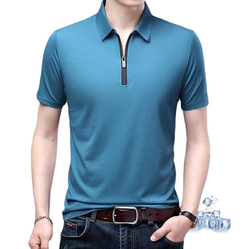 ZPLMIDE Cooles Herren-Poloshirt aus Eisseide, kurzärmelig, klassischer Reißverschluss, Kragen, einfarbig, lässig, Business, Golf, schnelltrocknendes T-Shirt (Blau, Größe M) von ZPLMIDE