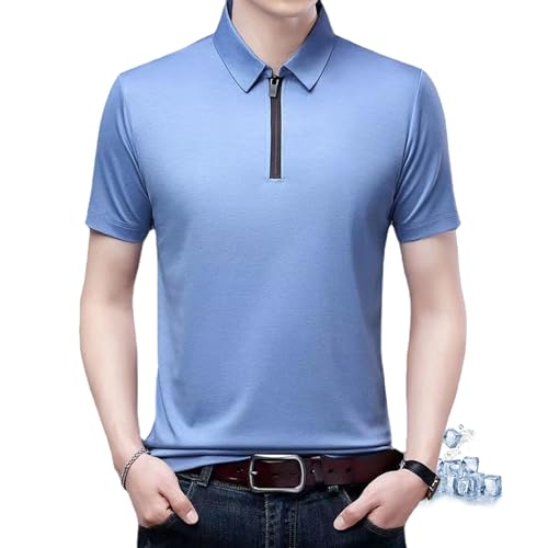 ZPLMIDE Cooles Herren-Poloshirt aus Eisseide, kurzärmelig, klassischer Reißverschluss, Kragen, einfarbig, lässig, Business, Golf, schnelltrocknendes T-Shirt (Hellblau, Größe M) von ZPLMIDE
