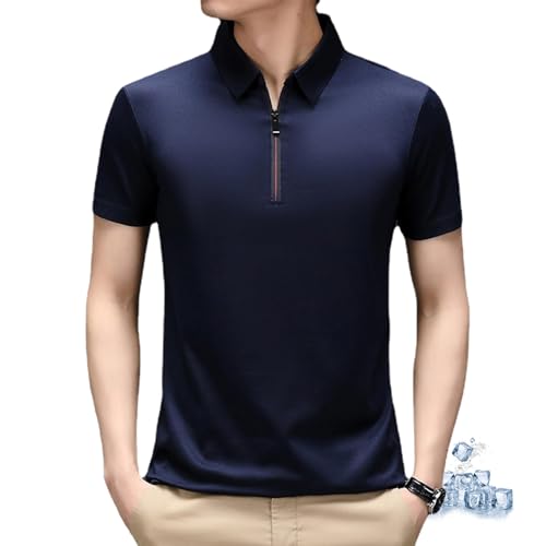 ZPLMIDE Cooles Herren-Poloshirt aus Eisseide, kurzärmelig, klassischer Reißverschluss, Kragen, einfarbig, lässig, Business, Golf, schnelltrocknendes T-Shirt (Marineblau, Größe XL) von ZPLMIDE