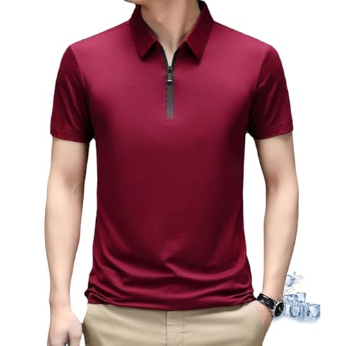 ZPLMIDE Cooles Herren-Poloshirt aus Eisseide, kurzärmelig, klassischer Reißverschluss, Kragen, einfarbig, lässig, Business, Golf, schnelltrocknendes T-Shirt (Rot, Größe XL) von ZPLMIDE