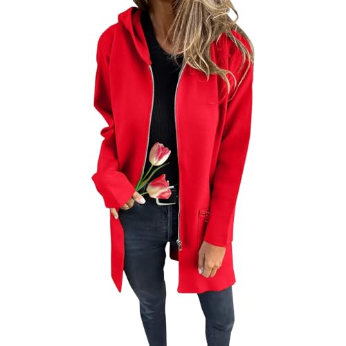 ZPLMIDE Damen-Kapuzenpullover mit Rundhalsausschnitt, Reißverschluss, langärmelig, für Herbst und Winter, Tunika, Trenchcoat, lässig, modisch, Sweatshirt (Größe L, Rot) von ZPLMIDE