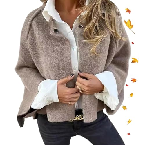 ZPLMIDE Damen-Mantel mit Rundhalsausschnitt, Kunstwolle, langärmelig, Herbst, Winter, locker, kurze Jacke, bequem, warm, Cropped-Knopf-Cardigan (Khaki, S) von ZPLMIDE