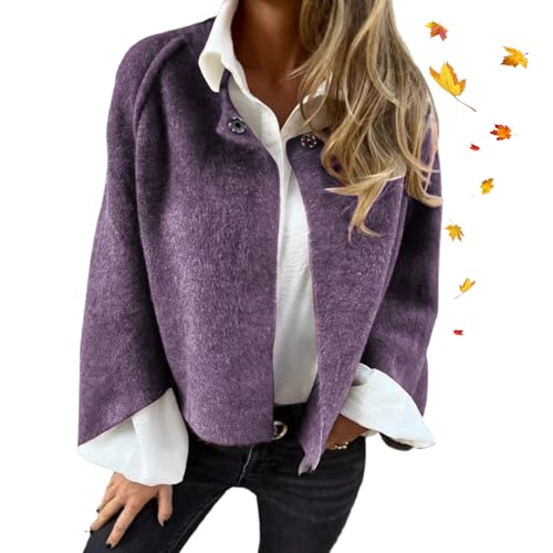 ZPLMIDE Damen-Mantel mit Rundhalsausschnitt, Kunstwolle, langärmelig, für Herbst und Winter, lockere kurze Jacke, bequem, warm, Cropped-Knopf-Cardigan (Lila, L) von ZPLMIDE