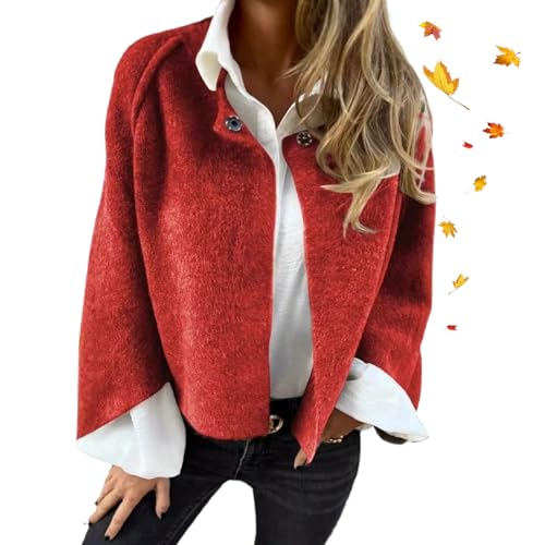 ZPLMIDE Damen-Mantel mit Rundhalsausschnitt, Kunstwolle, langärmelig, für Herbst und Winter, lockere kurze Jacke, bequem, warm, Cropped-Knopf-Cardigan (Rot, Größe 3XL) von ZPLMIDE