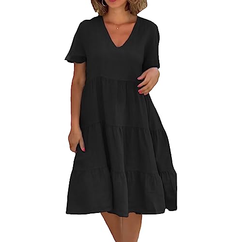 ZPLMIDE Damen-Midikleider mit kurzen Ärmeln und V-Ausschnitt aus Baumwolle und Leinen, lässig, locker, einfarbig, gestuftes Plissee-Kleid für Damen (Black,3XL) von ZPLMIDE