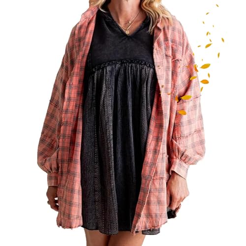 ZPLMIDE Damen Nähte Raw Edge Washed Oversized Hemdjacke mit Taschen Boyfriend Button Down Langarm Plaid Jacke Hemd Mäntel von ZPLMIDE